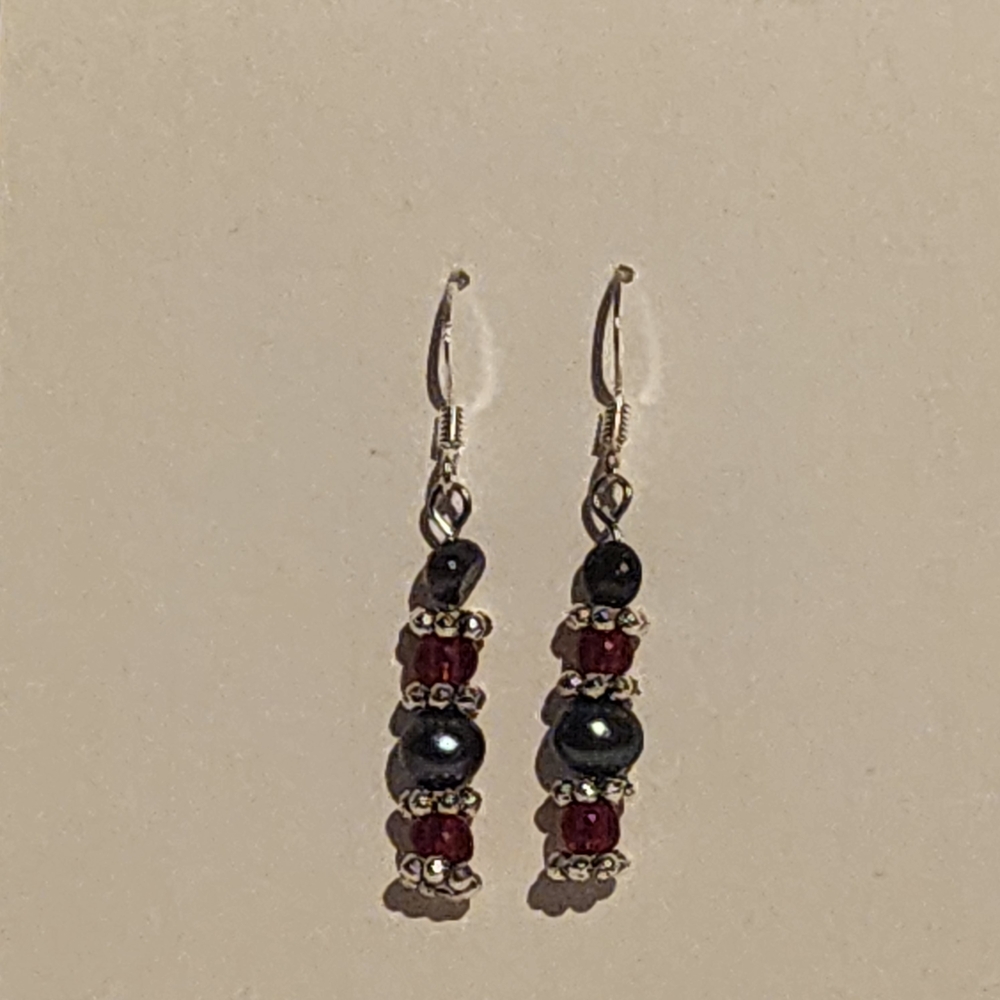Handmade Freshwater Black Pearls and Red Glass Beaded Earrings